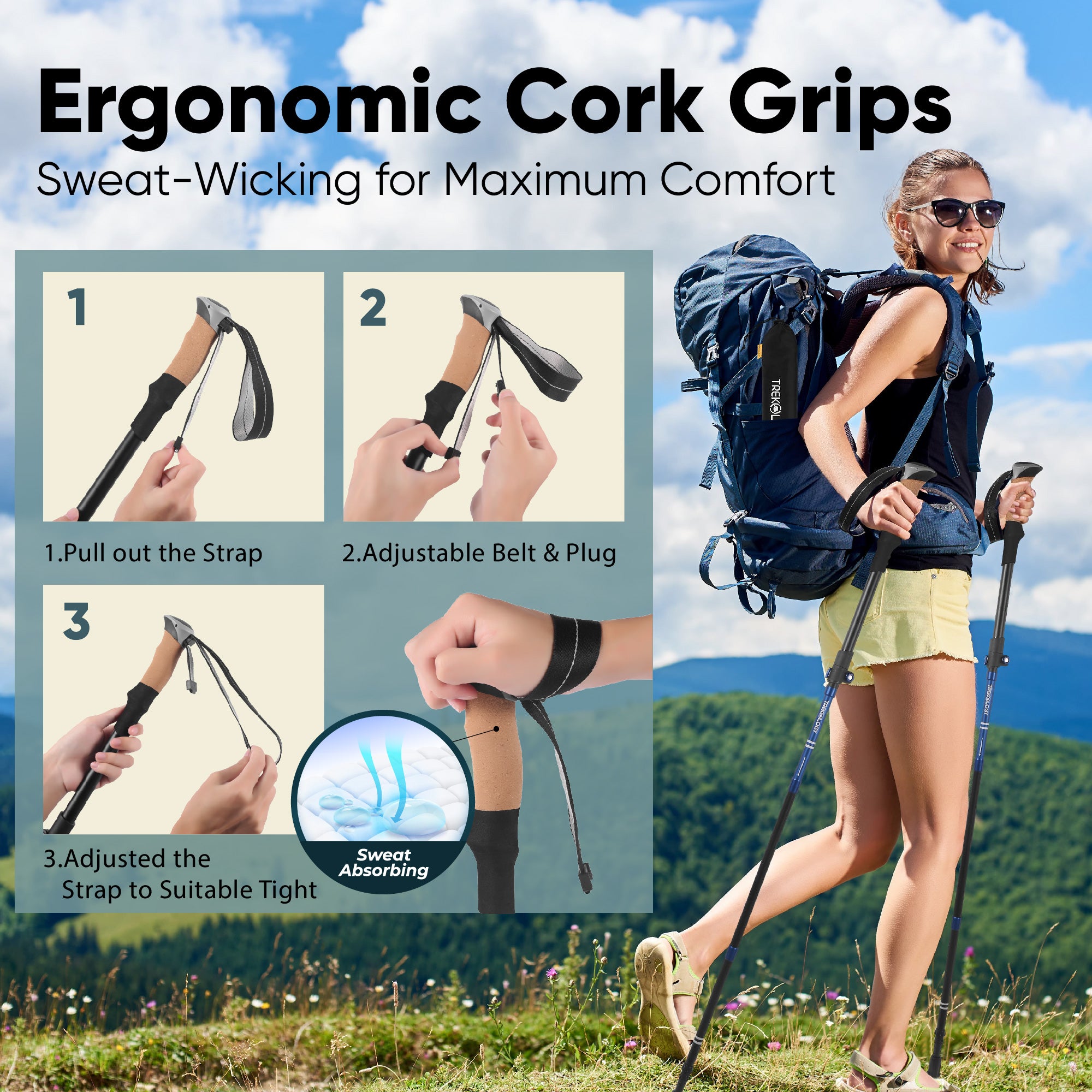 Novagoodes TREKZ Cork SE Foldable Trekking Poles with Cork Handle (2 Pole Package) (US)