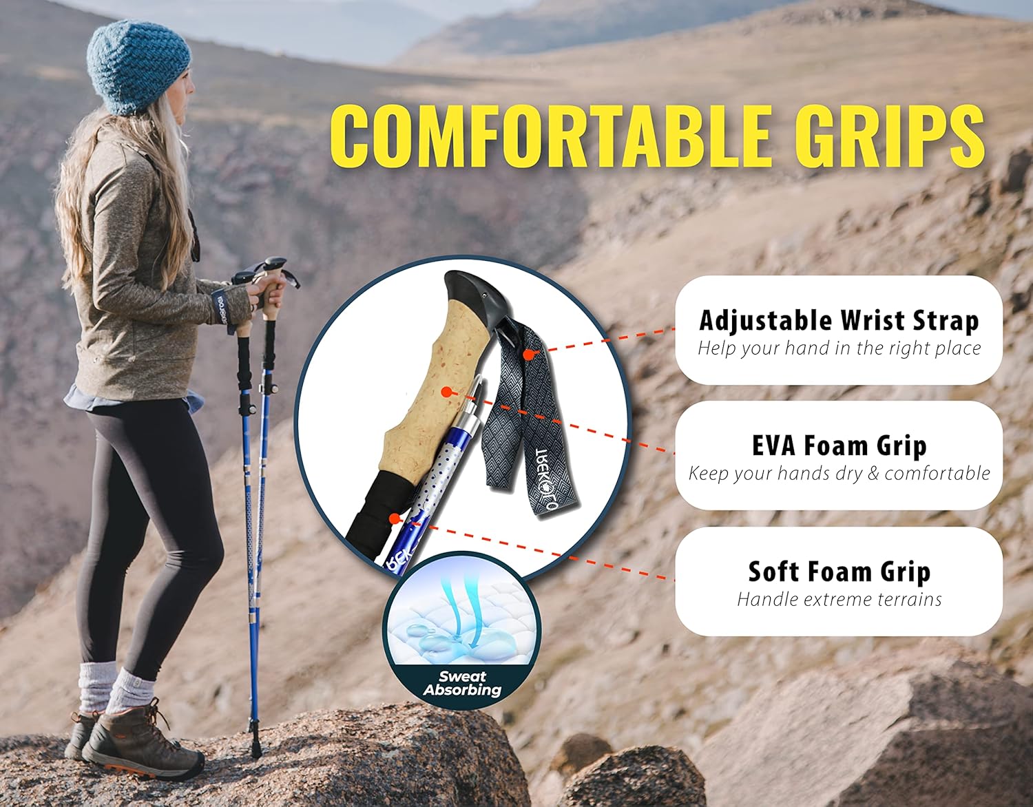 Novagoodes Trek-Z Collapsible Hiking Poles | Complete Set with 6 Rubber Tips (US)