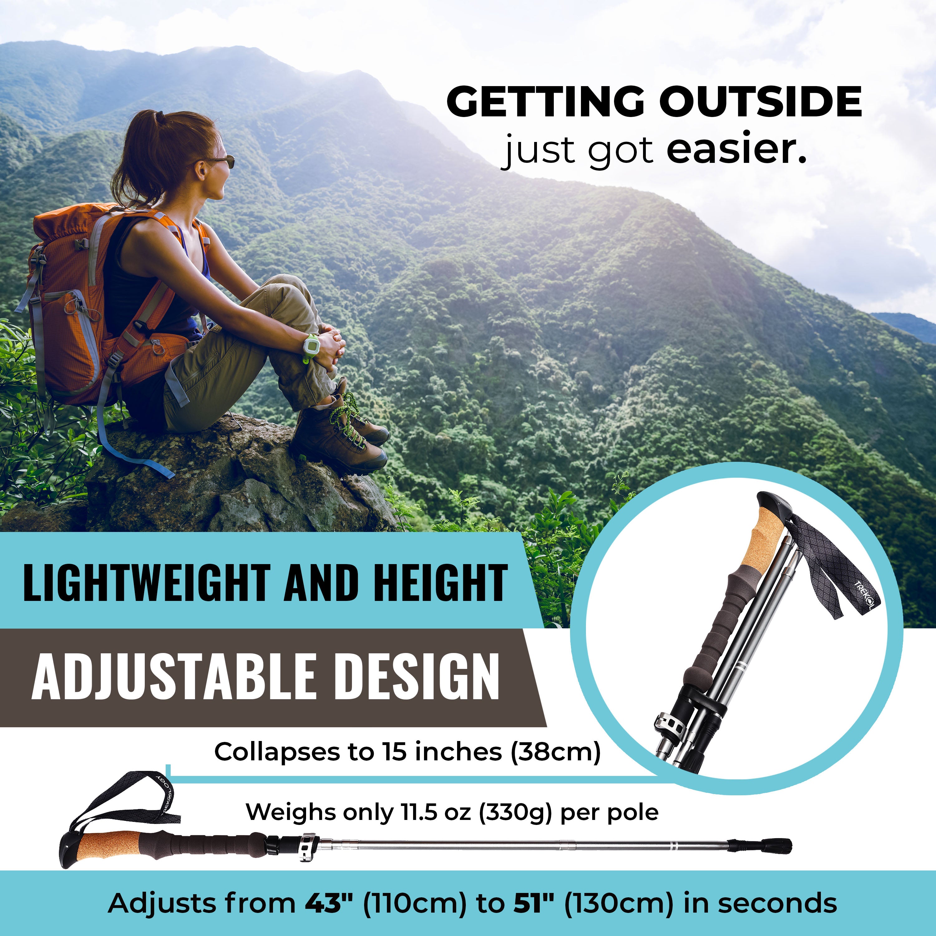 Novagoodes TREK-Z 2.0 Cork : Foldable Trekking Poles with Cork Handle (2pc/set) (US)