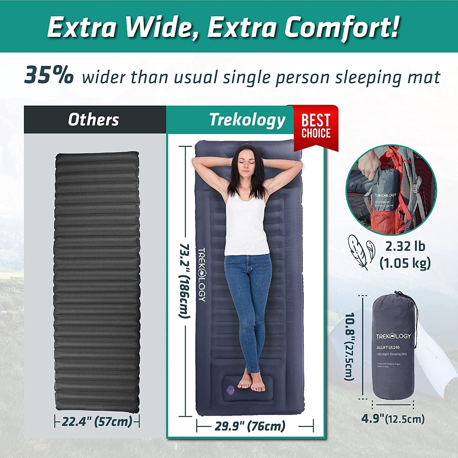 Novagoodes UL140 Thick Air Sleeping Mat with Built-in Inflator Pump (US)