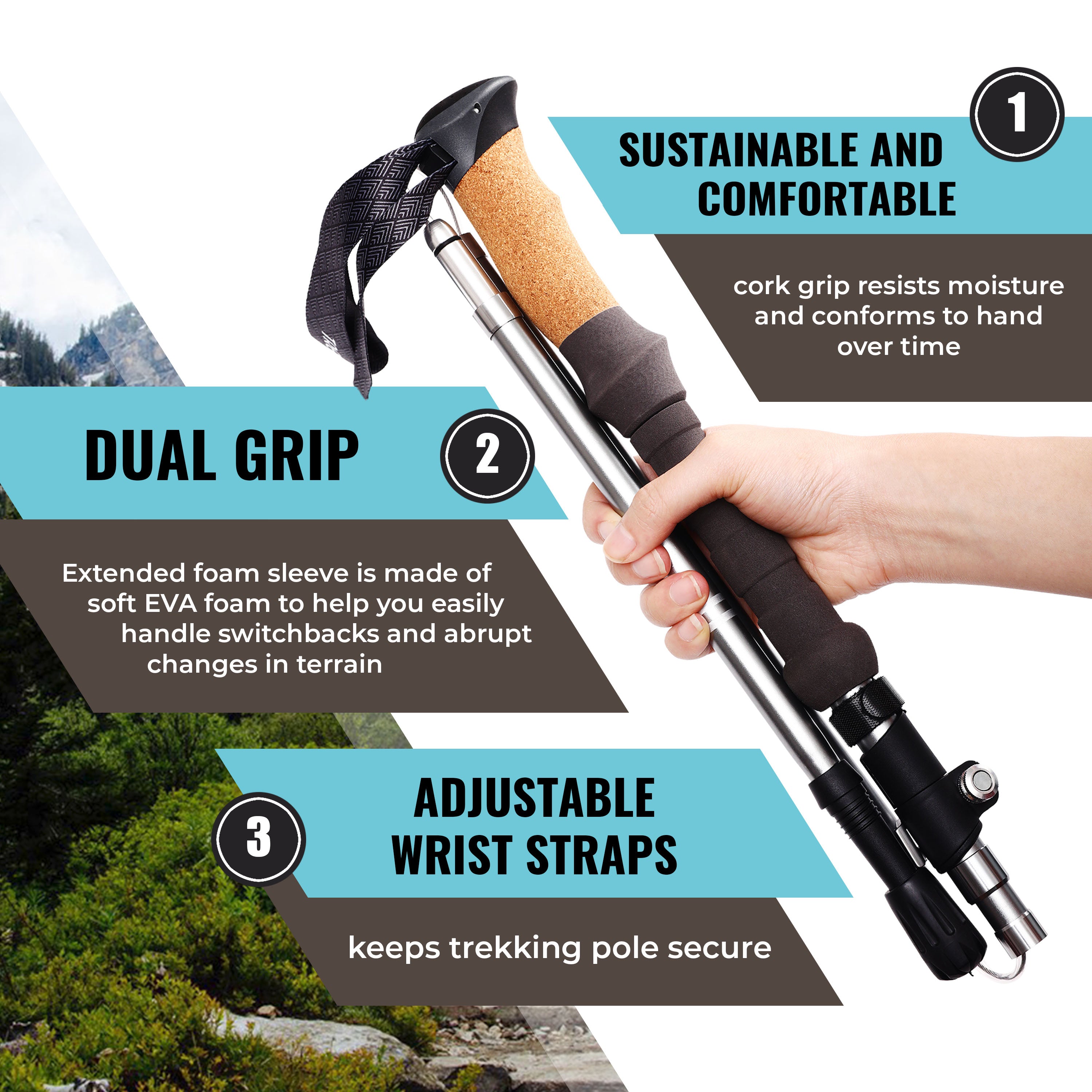 Novagoodes TREK-Z 2.0 Cork : Foldable Trekking Poles with Cork Handle (2pc/set) (US)