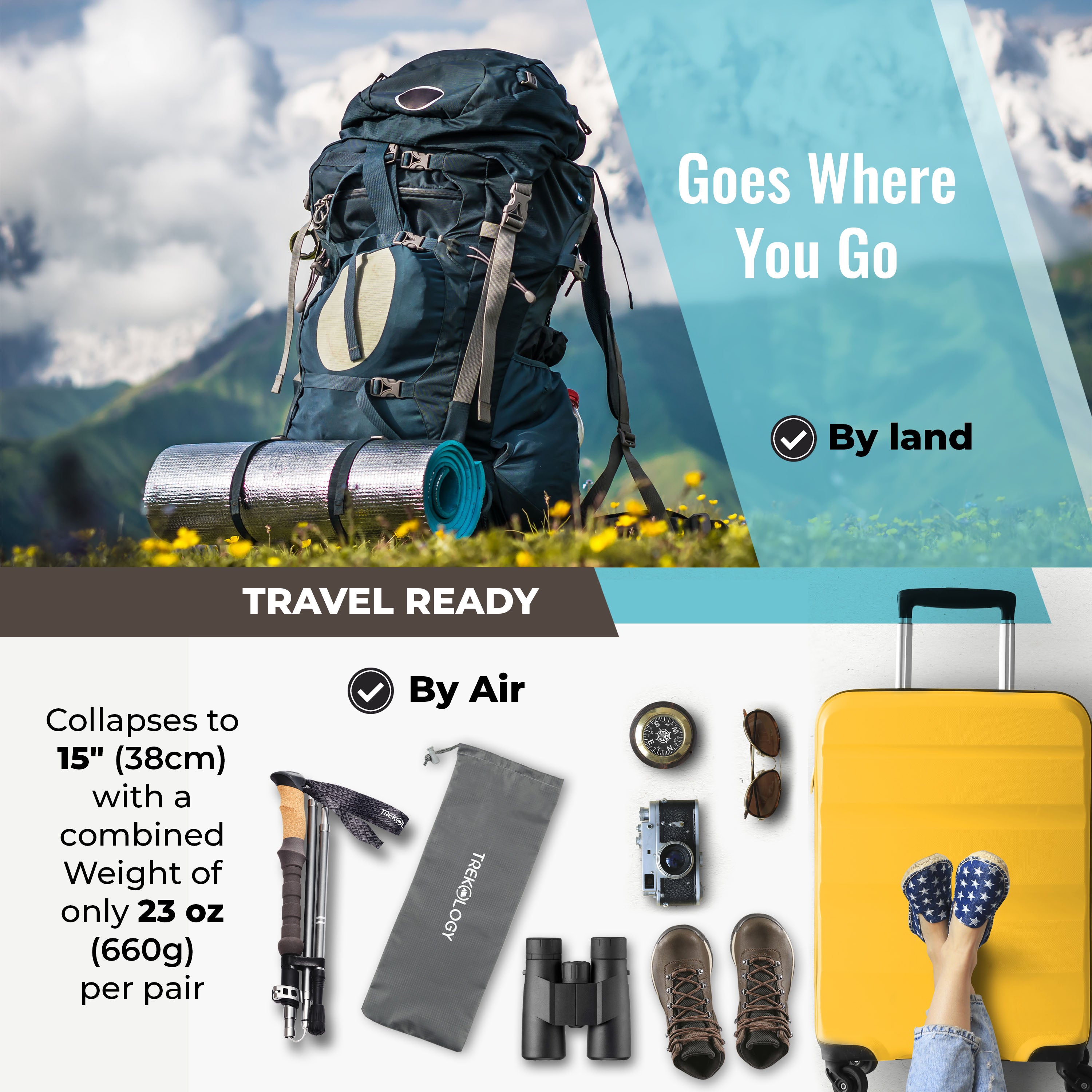 Novagoodes TREK-Z 2.0 Cork : Foldable Trekking Poles with Cork Handle (2pc/set) (US)